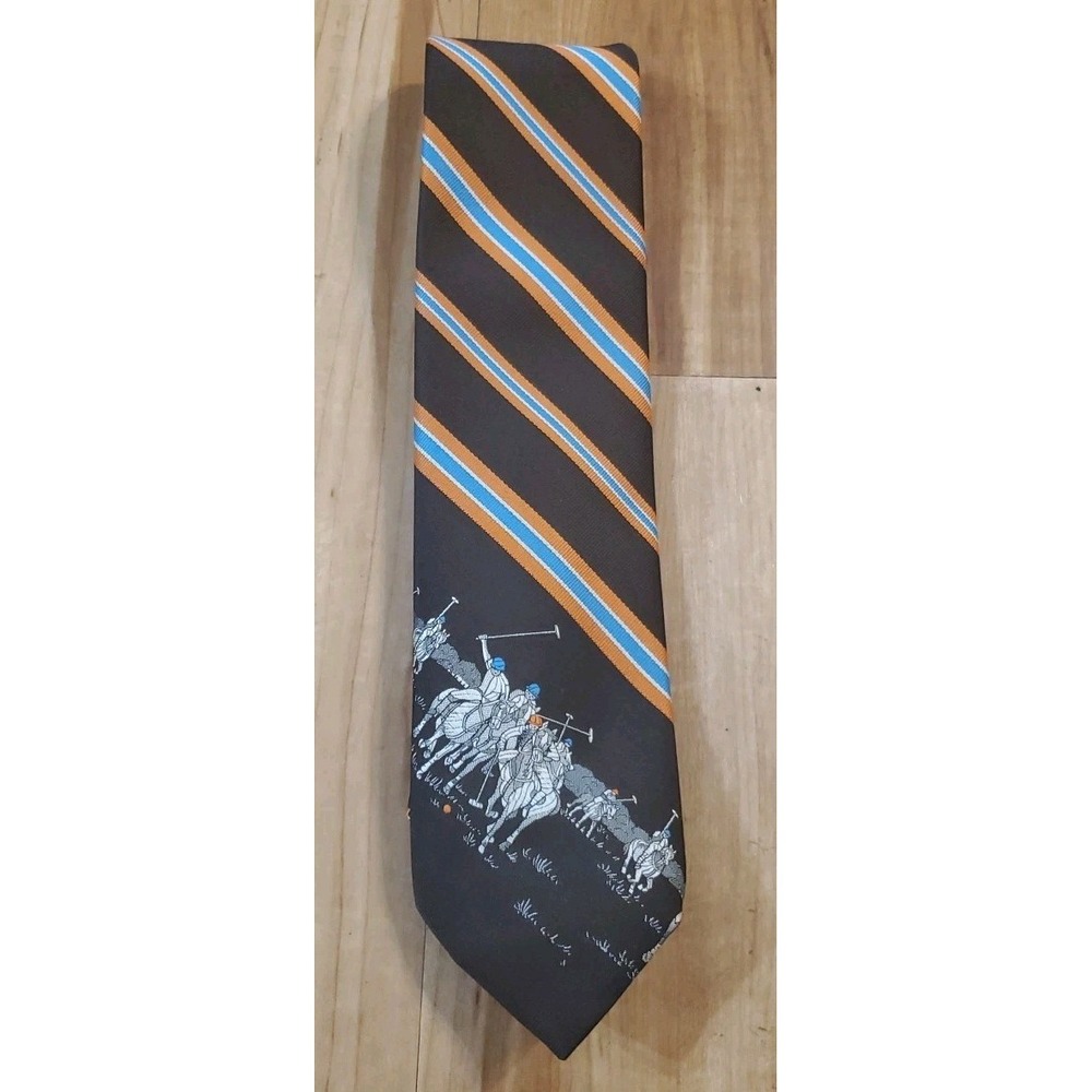 Vintage Liebert Brown Orange Blue Striped Neck Tie Polo Players Horses